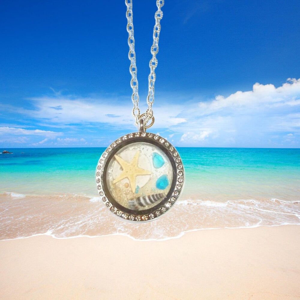 Large Ocean Sea Glass Floating Necklace locket Sea Fossils Sea Glass